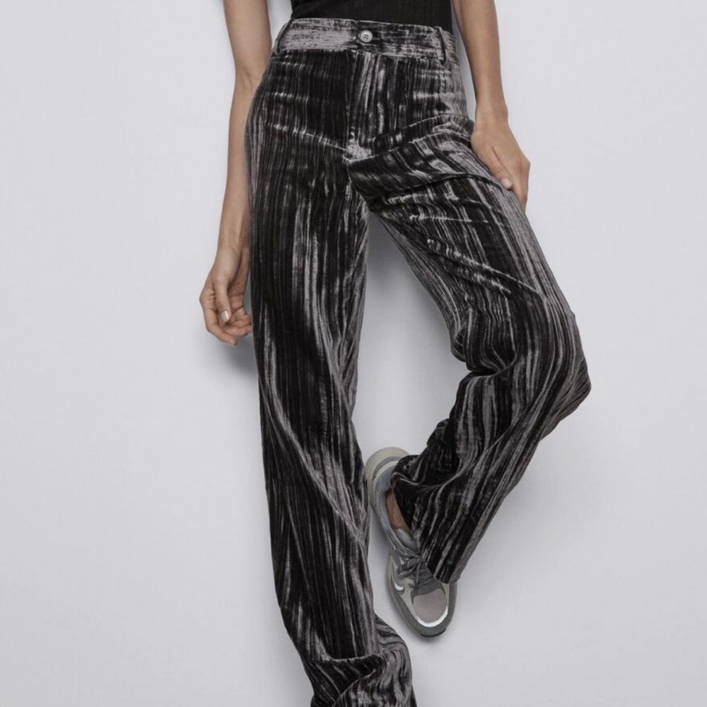 Zara Grey Crushed Velvet High-Waisted Straight Leg Trousers